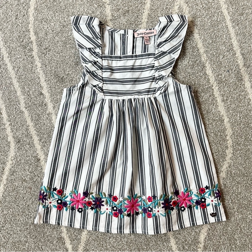 Juicy Couture White and Gray Striped Smock Dress with Embroidered Hem